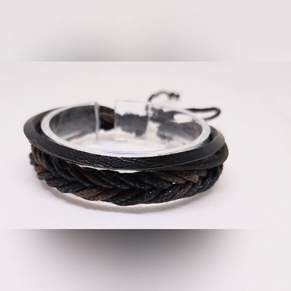 Men's bracelet leather braided layered brown new e6 - Picture 1 of 1